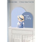 neşeli günlerim Mavi Çizgili Şapkalı Welcome Baby Erkek Bebek 3 Parça Masa Üzeri Ayaklı Pano Set