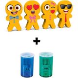 Neşeli Yüzler 4 Adet Silgi ve 2 Adet Kalemtraş Seti, Gençler Için Eğlenceli Seçim - Ahşap - Seçenek 1