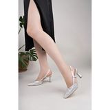 Nesil Shoes Uraz 720 Gümüş Taşlı Topuklu Kadın Sandalet - Gümüş Saten