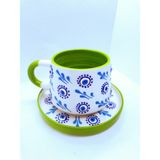 Nesli Home Kabartma Nazar Boncuğu Desen Tabaklı Yeşil Renk El Yapımı Seramik Çay Fincanı Kahve Fincanı Kupa Mug - 200 ml