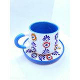 Nesli Home Kabartma Nazar Boncuğu Desen Tabaklı Yeşil Renk El Yapımı Seramik Çay Fincanı Kahve Fincanı Kupa Mug - Mavi - 200 ml
