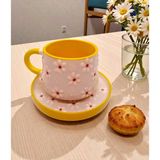 Nesli Home Kabartma Papatya Desen Tabaklı Sarı Renk El Yapımı Seramik Çay Fincanı Kahve Fincanı Kupa Mug - 200 ml