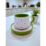 Nesli Home Kabartma Papatya Desen Tabaklı Sarı Renk El Yapımı Seramik Çay Fincanı Kahve Fincanı Kupa Mug - Yeşil - 200 ml