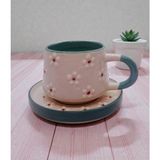 Nesli Home Kabartma Papatya Desen Tabaklı Turkuaz Renk El Yapımı Seramik Çay Fincanı Kahve Fincanı Kupa Mug - Beyaz - Turkuaz - 200 ml