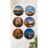 nesnelgift İstanbul Bardak Altlığı 6'lı Set 9 cm, 3 mm MDF, UV Baskı, Dekoratif Bardak Altlık