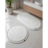 Nesrin Kaymaz Taban Peluş Banyo Paspası Seti Krem Rengi Jüt Kenar Detaylı 2'li Oval Yuvarlak 100X60 60X60 - Beyaz - Krem