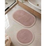 Nesrin Kaymaz Taban Peluş Banyo Paspası Seti Pudra Rengi Jüt Kenar Detaylı 2'li Oval Yuvarlak 100X60 60X60