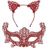 Nessi World Nessiworld Romantik Kırmızı Dantel Maske Seti – Kedi Kulaklı Taç ve Maske 3 No