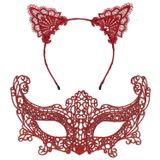 Nessiworld Romantik Kırmızı Dantel Maske Seti – Kedi Kulaklı Taç ve Maske 3 No
