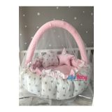 Nest Pembe - Beyaz Tasarım Lüx Oyun Minderi Jaju-babynest Cibinlik Tül Oyuncak Aparat Set