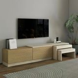 Nest Tv Sehpası – Modern Tasarım,2 Kapaklı Depolama Ve İkili Zigon Sehpa İle Fonksiyonel Mobilya Traverten/Sıcak Meşe