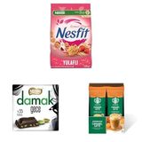 Nestlé Nesfit Kırmızı Meyveli Tam Tahıl ve Pirinç Gevreği 400 g x 2, Nestle Damak Gece Antep Fıstıklı Bitter Kare Çikolata 60 g x 1, Starbucks Caramel Latte Premium Kahve Karışımı 10x23 g x 1