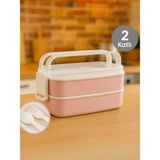 Nesto Home 2 Katlı Taşınabilir Yemek Kabı-Kaşıklı Çatallı Lunch Box - Pembe