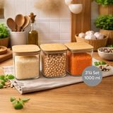 Nesto Home 3'lü 1000 ml Ahşap Kapaklı Silikon Contalı Plastik Saklama Kabı Seti Hava Geçirmez Bakliyat Kabı - Şeffaf