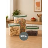 Nesto Home 3'lü Şeffaf Erzak ve Bakliyat Saklama Kabı Dikdörtgen Deterjan Kutusu 1X1100 1X2200 1X3400 - Yeşil