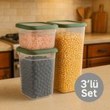 Nesto Home 3'lü Set Purelife Şeffaf Kare Erzak ve Bakliyat Saklama Kabı Deterjan Kutusu 1X680 1X1250 1X1850 ml - Yeşil