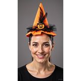 NET MARKET Halloween Lüx Mini Cadı Şapkalı Balkabağı Taç - Siyah Tüllü & Kuş Tüylü Cadılar Bayramı Saç Tacı