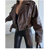 Net Of Not Oversize Kadın Acı Kahve Biker Deri Ceket Uzun Kol Çift Cepli Suni Deri - Kahverengi