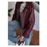 NET OF NOT Yeni Sezon Oversize Kadın Bordo Biker Deri Ceket