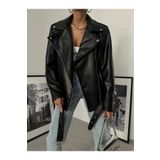 NET OF NOT Yeni Sezon Oversize Kadın Siyah Biker Deri Ceket