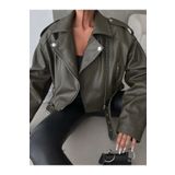NET OF NOT Yeni Sezon Oversize Kadın Yeşil Biker Deri Ceket