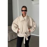NET OF NOT ZR Model Bej Dik Yaka Gabardin Kumaş Oversize Kadın Trençkot Ceket