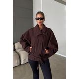 NET OF NOT ZR Model Kahve Dik Yaka Gabardin Kumaş Oversize Kadın Trençkot Ceket