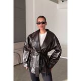 NET OF NOT ZR Model Oversize Kuşak Detaylı Tesettüre Uygun Orta Boy Kadın Deri Ceket Mont