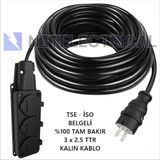 Netelectrical Kauçuk 3'lü 13 Metre Topraklı Grup Priz - 3x2.5 Ttr Tam Bakır Kalın Siyah Kablo