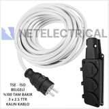 Netelectrical Kauçuk 3'lü 15 Metre Topraklı Grup Priz - 3x2.5 Ttr Tam Bakır Kalın Beyaz Kablo