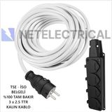 Netelectrical Kauçuk 4'lü 40 Metre Topraklı Grup Priz - 3x2.5 Ttr Tam Bakır Kalın Beyaz Kablo