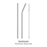 NetMarkt Paslanmaz Çelik Pipet Seti - 2 Adet Tekrar Kullanılabilir Metal Pipet (1 Düz, 1 Eğri) ve 1 Adet Temizleme Fırçası, Çevre Dostu, Bulaşık Makinesinde Yıkanabilir Ekolojik Pipet Seti