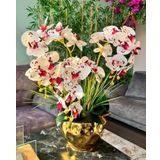 Netten Evime Yapay Çiçek 4lü Bordo Çilli Beyaz Islak Orkide Metal Yuvarlak Gold Vazoda Orkide 50 cm