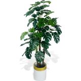 Netten Evime Yapay Çiçek Monstera Yeşil Deve Tabanı 3Katlı 135 cm 54Yaprak Gold Kemerli Beyaz Saksıda Yapay Bitki