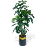 Netten Evime Yapay Çiçek Monstera Yeşil Deve Tabanı 3Katlı 135 cm 54Yaprak Gold Kemerli Siyah Saksıda Yapay Bitki