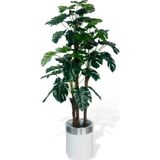 Netten Evime Yapay Çiçek Monstera Yeşil Deve Tabanı 3Katlı 135 cm 54Yaprak Gümüş Kemerli Beyaz Saksıda Yapay Bitki