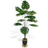 Nettenevime Yapay Ağaç Monstera Ağacı Salon Bitkisi Siyah Gold Metal Vazoda 130 Cm 12 Yaprak Yeşil