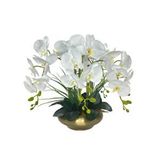 nettenevime Yapay Çiçek 5li Beyaz Islak Orkide Metal Yuvarlak Eski Gold Vazoda Orkide 50cm