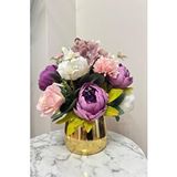 Nettenevime Yapay Çiçek Aranjmanı Gold Metal Vazoda Şakayık Gül Ve Krizantem Salon Çiçeği