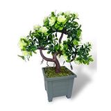 Nettenevime Yapay Çiçek Beyaz Çiçekli Bonsai Ağacı Dekoratif Yapay Ağaç Bonzai 29*24 Cm Siyah Kare Saksıda Yeşil