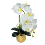 Nettenevime Yapay Çiçek Beyaz Islak Orkide Gold Metal Saksıda Seramik Saksıda Orkide 60Cm