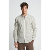 Network Slim Fit Haki Çizgi Desenli Keten Gömlek