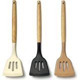 Neva Home 30 cm Bambu Saplı Silikon Delikli Spatula, Yapışmaz Tava ve Tencereler Için Esnek Uçlu Mutfak Spatulası, Krep Omlet Balık Pancake Çevirici, 3 Renk Asorti Karışık Gönderim