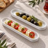 Neva Home Porselen Oval Tabak 2’li Set, 26,2 × 7 × 1,9 Cm, Beyaz Ince Uzun Zeytinlik, Kahvaltılık Peynir Meze ve Atıştırmalık Sunum Servis Tabağı, 2 Adet