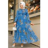 Neva Style 22052IM Çiçek Desenli İndigo Mavisi Tesettür Elbise