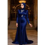 Neva Style 22891L Kuyruklu Lacivert Tesettür Saten Abiye Elbise