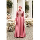 Neva Style 2308KRMT Payet Detaylı Tafta Kiremit Tesettür Abiye Elbise