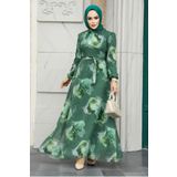 Neva Style 279313HK Desenli Haki Tesettür Elbise