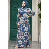 Neva Style 279325IM Çiçek Desenli İndigo Mavisi Tesettür Elbise