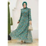 Neva Style 27947CY Çiçek Desenli Çağla Yeşili Tesettür Elbise